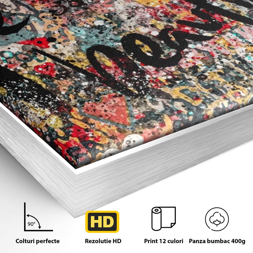 Detaliu al suprafetei: tablou canvas cu mesaj motivational, in rama de aluminiu argintiu
